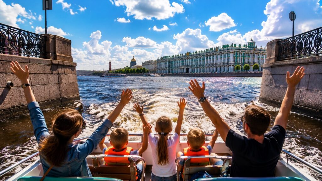 Экскурсионный теплоход на Фонтанке во время заката в Санкт-Петербурге