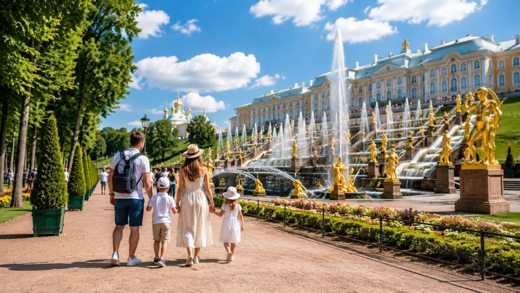 Семейная прогулка по Нижнему парку Петергофа возле фонтанов Большого каскада