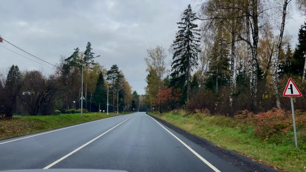 Осенняя дорога на Звенигород, уходящая в даль сквозь лес.