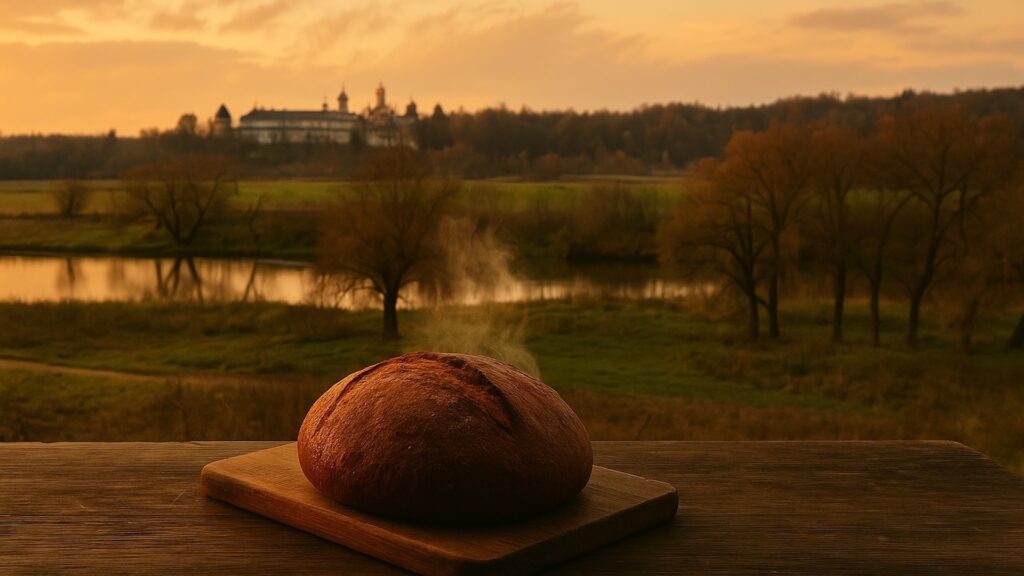 Панорама Саввино-Сторожевского монастыря с горячим хлебом и парящей кружкой кофе на переднем плане.