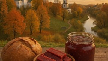 Панорама Звенигорода и традиционные сладости — хлеб, пастила и ягодное варенье на переднем плане.