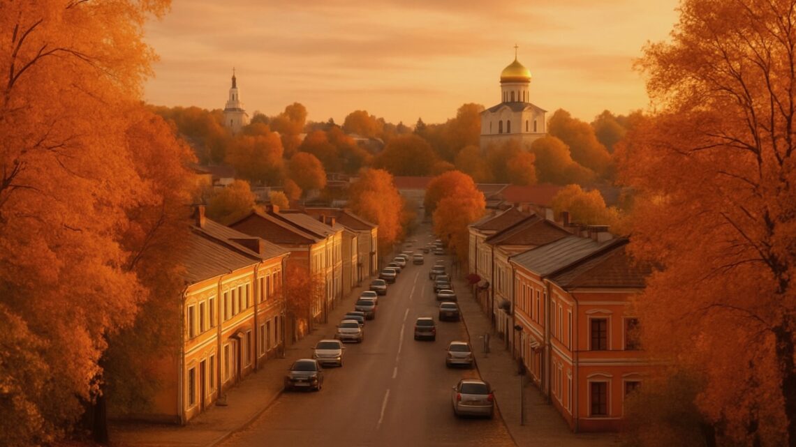 Осенний вид на центральную улицу Звенигорода, золотые деревья и старинные дома