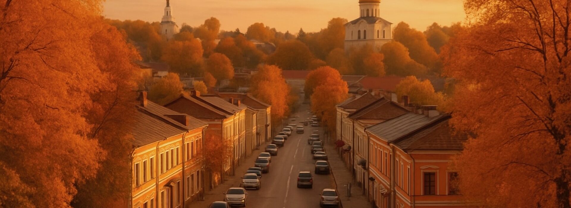 Осенний вид на центральную улицу Звенигорода, золотые деревья и старинные дома