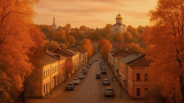 Осенний вид на центральную улицу Звенигорода, золотые деревья и старинные дома