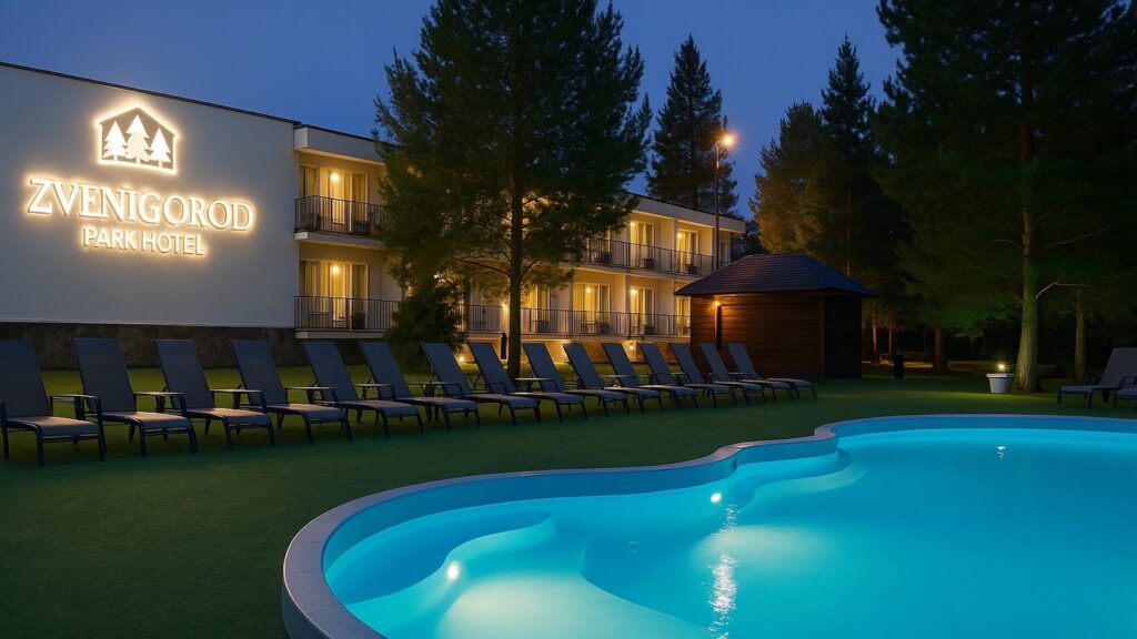 Парк-Отель Звенигород — бассейн, сосны и вечерняя подсветка