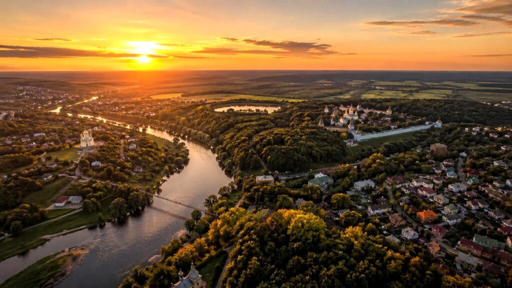 Подмосковье вид сверху река лес закат