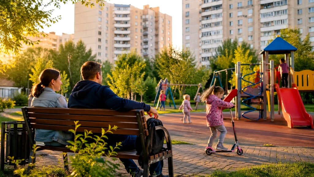 семья с детьми гуляет в парке Подмосковья